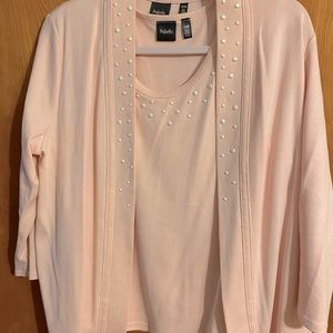 2 pieces, cardigan and shell, with pearl studs .